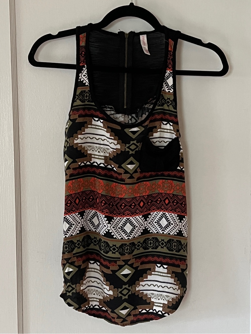 Xhilaration Black Aztec-Pattern Racerback Tank with Red and Olive Accents